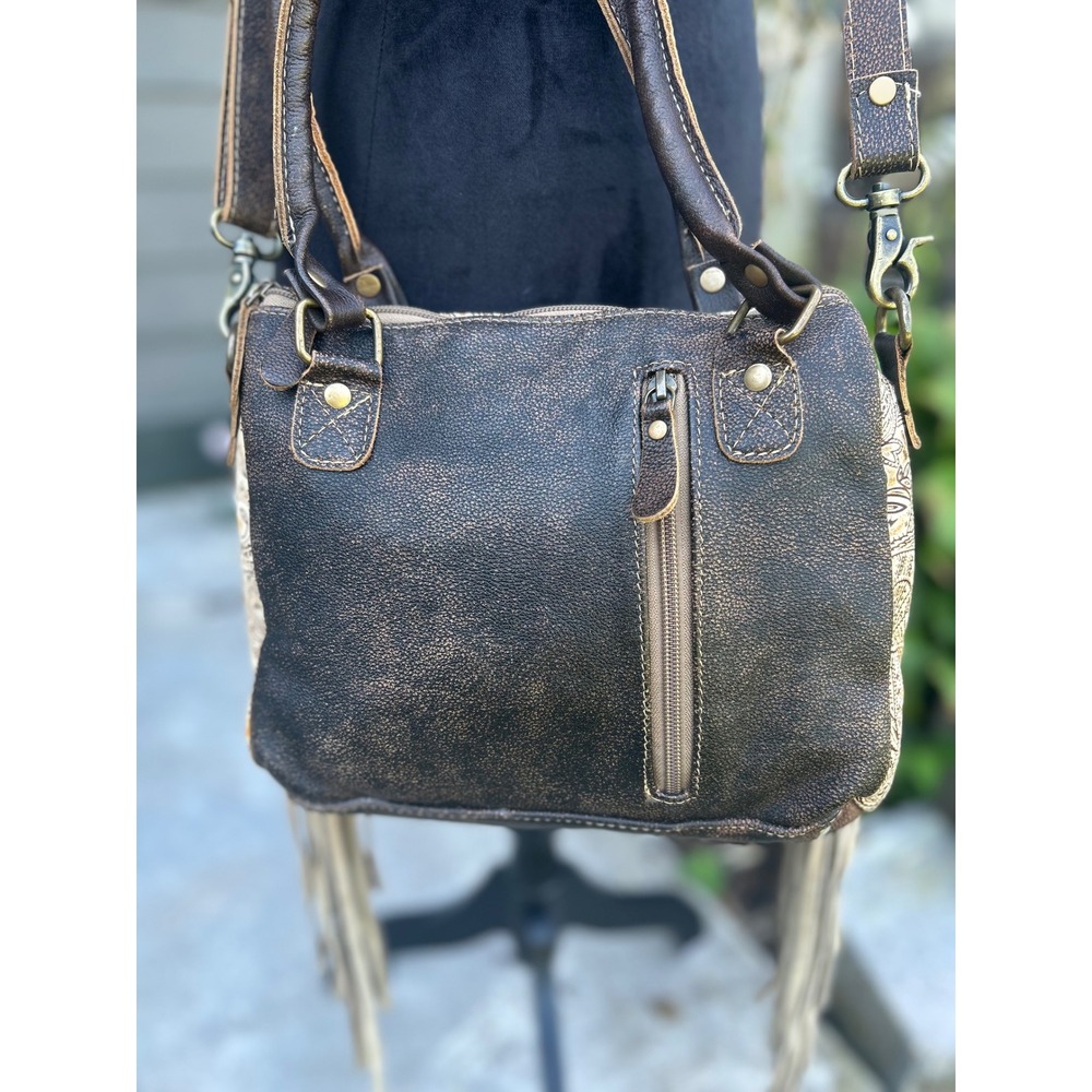 Myra Bag Katherina Cowhide Paisley Leather Fringe Western Crossbody Satchel - Picture 5 of 10